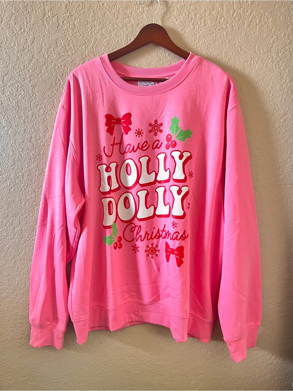 NWT Mad Engine Crew Neck Sweater 2X Pink “Have a Holly Dolly Christmas” Cozy